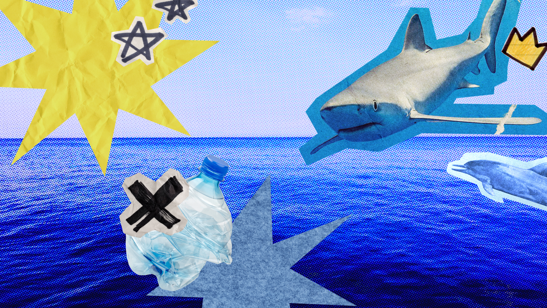 Scrapbook style poster of ocean, whales, plastics.
